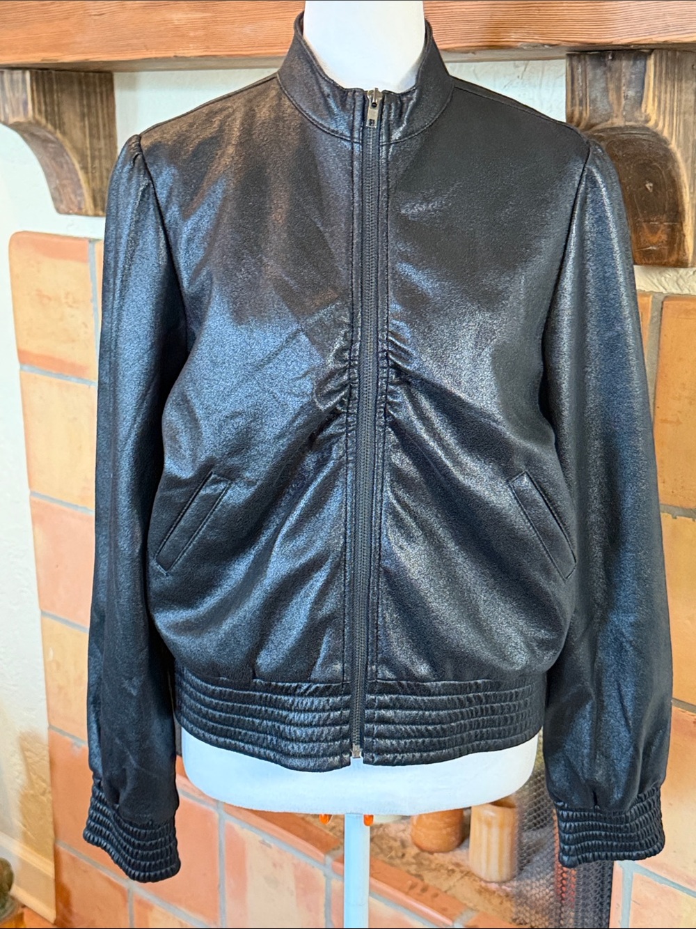 5/48 Black Shiny Faux Leather/Suede Bomber Jacket, size L